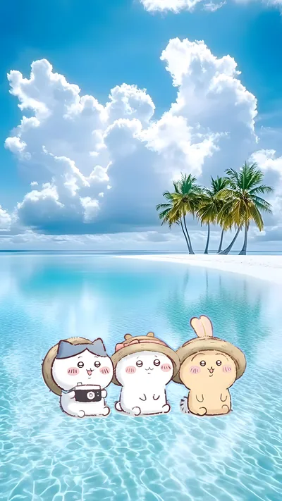 Cute Chiikawa, Hachiware, and Usagi beach vacation for Phone Wallpaper