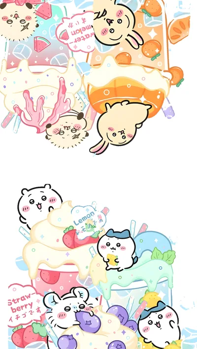 치이카와, 하치와레, 우사기, 모몽가의 상큼한 여름 디저트 스마트폰 배경화면