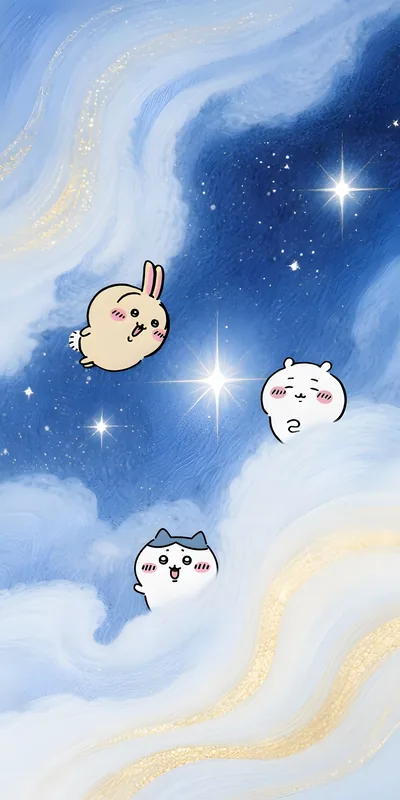 Cute Chiikawa, Hachiware, and Usagi in a starry dream sky for Phone Wallpaper