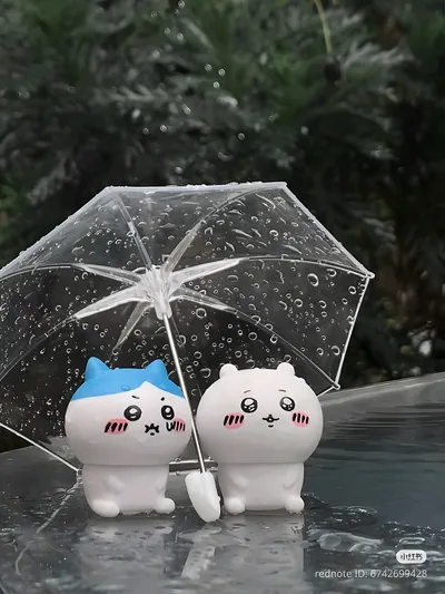 吉伊卡哇與小八在雨中一起撐著透明傘躲雨的治癒系高清可愛手機桌布