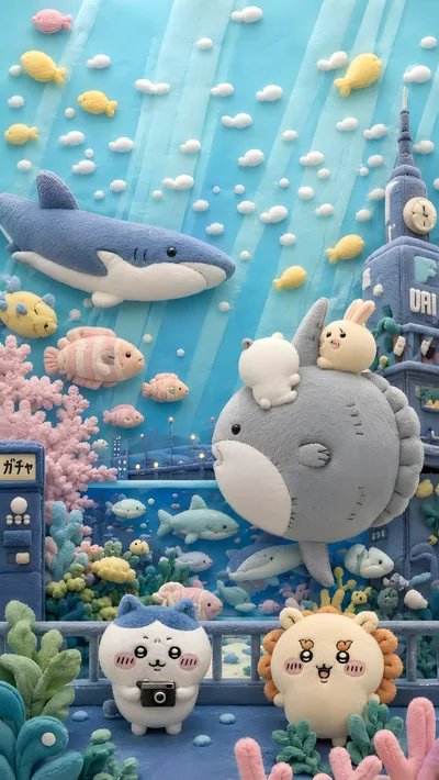치이카와, 하치와레, 우사기가 바닷속을 여행하는 귀여운 인형 스타일 스마트폰 배경화면