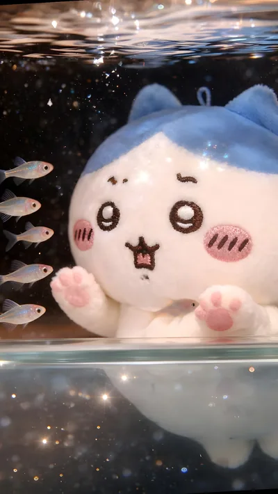 Hachiware watching small fish in a sparkling aquarium for Phone Wallpaper