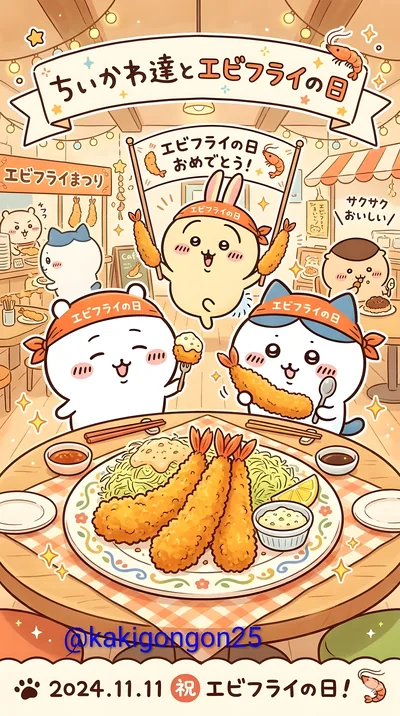 치이카와, 하치와레, 우사기가 맛있는 새우튀김의 날을 축하하는 스마트폰 고화질 배경화면