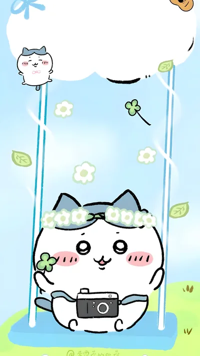 Hachiware wearing a flower crown and camera on a swing for Phone Background