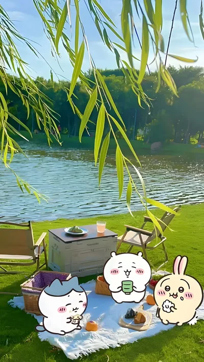 치이카와, 하치와레, 우사기가 호숫가 잔디밭에서 소풍을 즐기는 스마트폰 배경화면