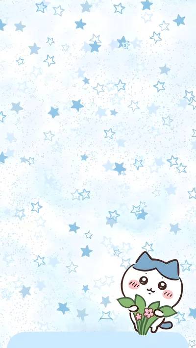 Cute Hachiware holding pink flowers under a starry sky for Phone Wallpaper
