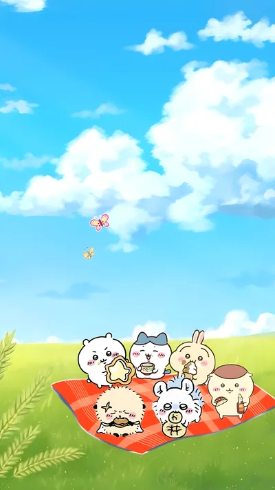 치이카와, 하치와레, 우사기, 모몽가가 푸른 초원에서 소풍을 즐기는 스마트폰 배경화면