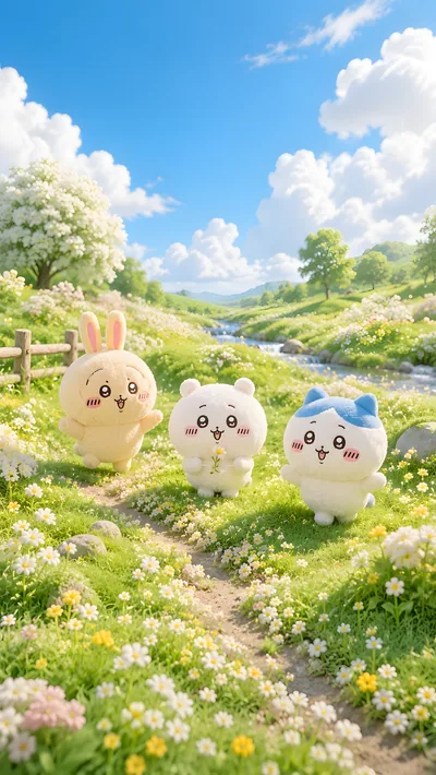 Chiikawa, Hachiware, and Usagi in a sunny flower field for Phone Wallpaper