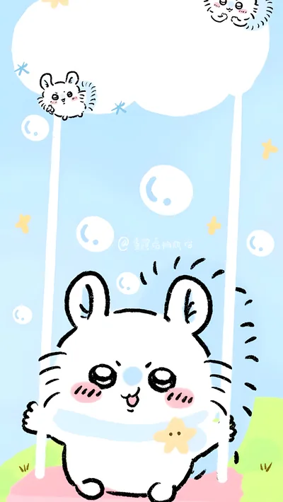 Adorable Momonga swinging in a dreamy blue sky with bubbles for Phone Wallpaper
