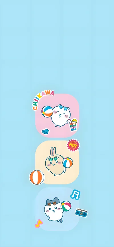 ちいかわ、うさぎ、ハチワレがビーチで夏を楽しむ可愛いスマホ壁紙