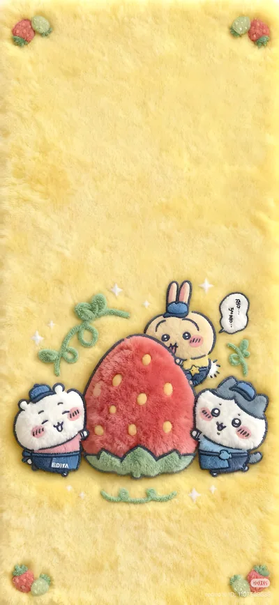치이카와, 하치와레, 우사기가 커다란 딸기를 둘러싼 귀여운 노란색 스마트폰 배경화면