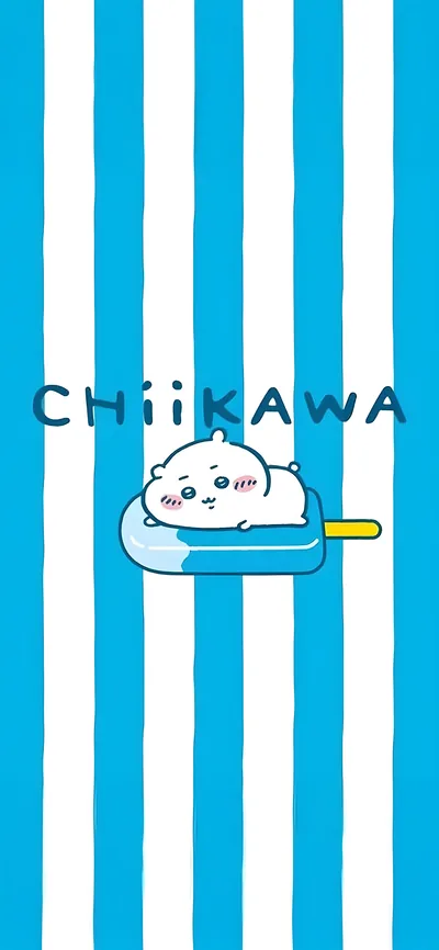 趴在藍色冰棒上的可愛吉伊卡哇與藍白條紋背景的手機桌布