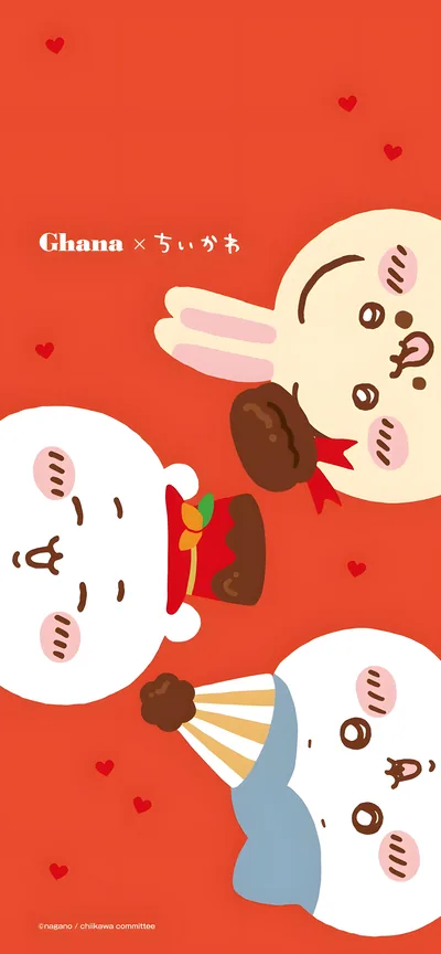 ちいかわ・ハチワレ・うさぎがガーナチョコを食べる赤いスマホ高画質壁紙