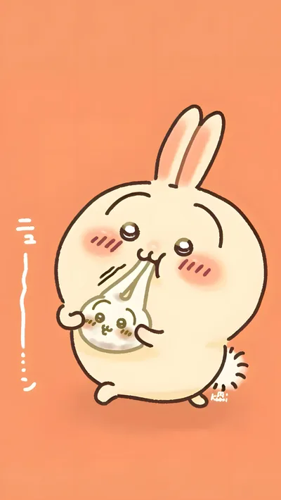 Cute Usagi eating a Chiikawa shaped steamed bun for Phone Wallpaper