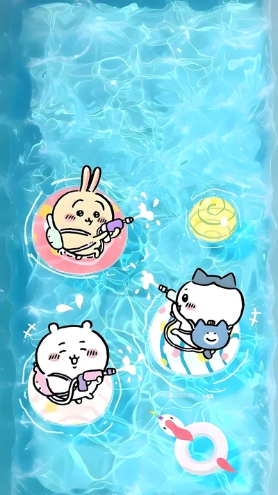 수영장에서 즐겁게 물총 놀이를 하는 치이카와, 하치와레, 우사기 스마트폰 배경화면
