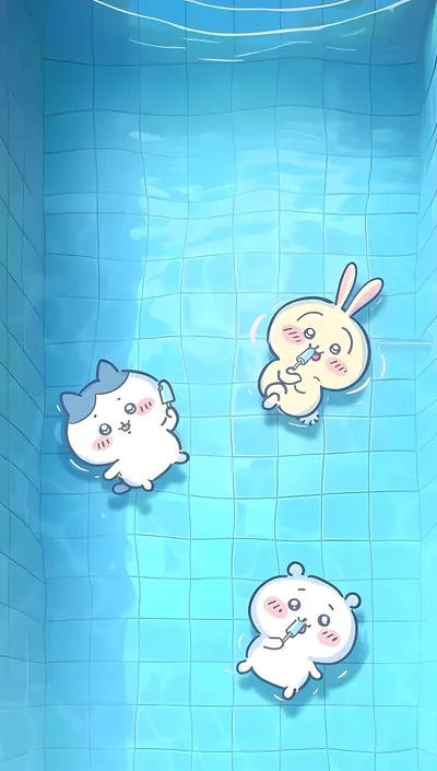 ちいかわ、ハチワレ、うさぎがプールでアイスを食べて浮いているスマホ高画質壁紙