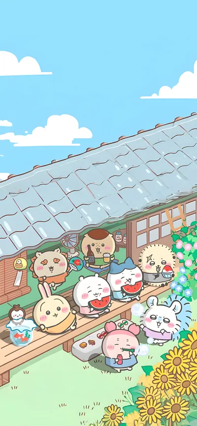 치이카와, 하치와레, 우사기, 모몽가가 툇마루에서 즐기는 여름 스마트폰 배경화면