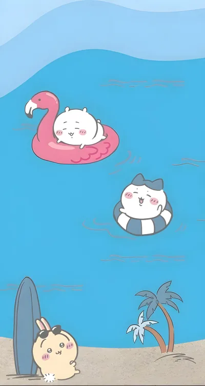 치이카와, 하치와레, 우사기의 시원한 여름 해변 스마트폰 배경화면