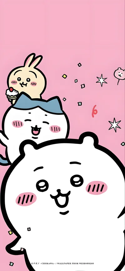 치이카와, 하치와레, 우사기가 핑크 배경에서 축하하는 귀여운 스마트폰 배경화면