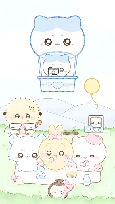 치이카와, 하치와레, 우사기, 모몽가가 들판에서 소풍을 즐기는 스마트폰 배경화면