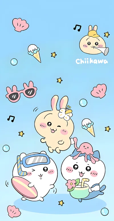 치이카와, 하치와레, 우사기가 여름 바다에서 서핑을 즐기는 스마트폰 배경화면
