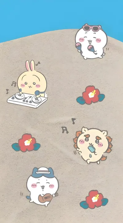 치이카와, 하치와레, 우사기가 해변에서 음악을 연주하는 귀여운 여름 스마트폰 배경화면