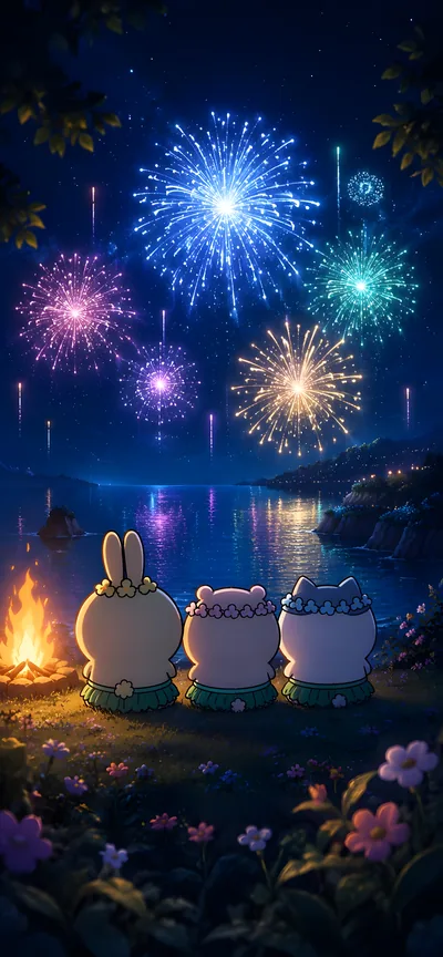 우사기, 치이카와, 하치와레가 밤바다에서 불꽃놀이를 감상하는 스마트폰 고화질 배경화면