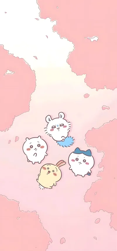 치이카와, 하치와레, 우사기, 모몽가가 함께하는 핑크색 스마트폰 배경화면