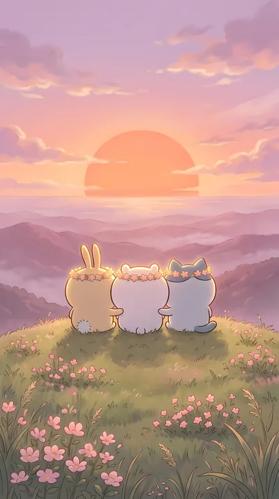 치이카와, 하치와레, 우사기가 꽃왕관을 쓰고 노을 지는 언덕에 앉아 있는 스마트폰 배경화면
