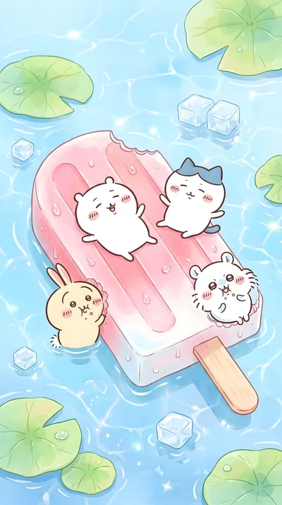 치이카와, 하치와레, 우사기, 모몽가가 거대 아이스크림 위에 있는 스마트폰 배경화면