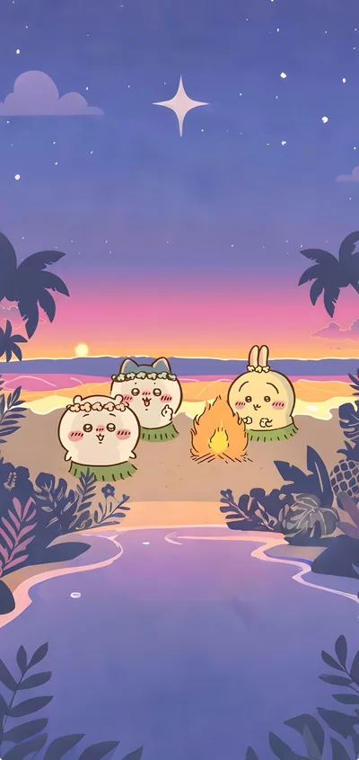 치이카와, 하치와레, 우사기가 해변 모닥불 옆에서 훌라춤을 추는 스마트폰 고화질 배경화면