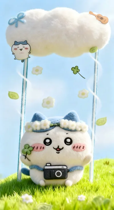 꽃머리띠를 쓰고 카메라와 네잎클로버를 든 하치와레의 귀여운 스마트폰 고화질 배경화면