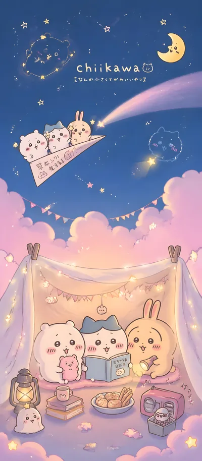 별밤 아래 캠핑하며 책을 읽는 치이카와, 하치와레, 우사기 스마트폰 고화질 배경화면