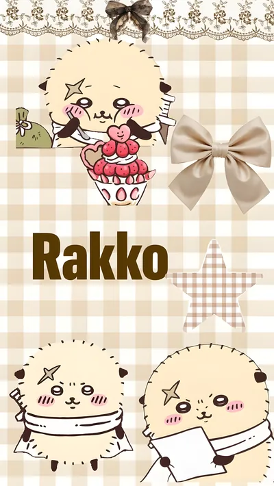ちいかわのラッコがパフェを食べる可愛いベージュチェック柄スマホ壁紙