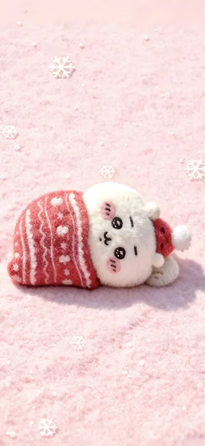 粉色冬日雪景中，戴着圣诞帽并裹在温暖毛线睡袋里的可爱吉伊卡哇手机壁纸