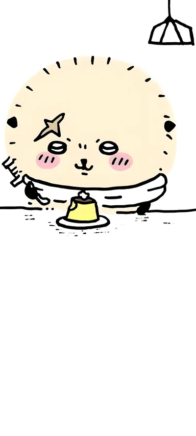 ちいかわのラッコ先生がフォークを持ってプリンを食べる可愛いスマホ壁紙