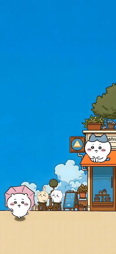 우산을 든 치이카와와 카페의 하치와레, 우사기 푸른 하늘 스마트폰 배경화면