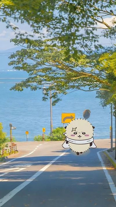 青い海が広がる坂道の上をふわふわ浮かぶラッコが可愛い爽やかなスマホ待ち受け