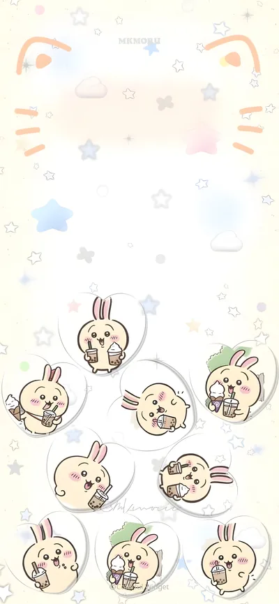 Chiikawa可爱乌萨奇拿着珍珠奶茶与甜筒冰淇淋的治愈系爱心手机壁纸