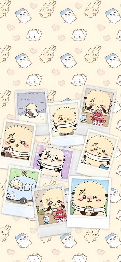 ちいかわのラッコのかわいいポラロイド写真とスイーツコラージュスマホ壁紙