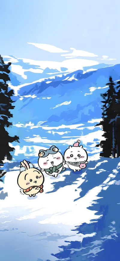 눈 덮인 산을 산책하는 치이카와, 하치와레, 우사기 스마트폰 고화질 배경화면