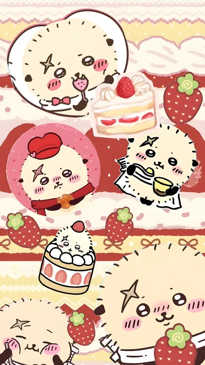 ちいかわのラッコと美味しそうな苺ショートケーキの可愛いスマホ待ち受け画像