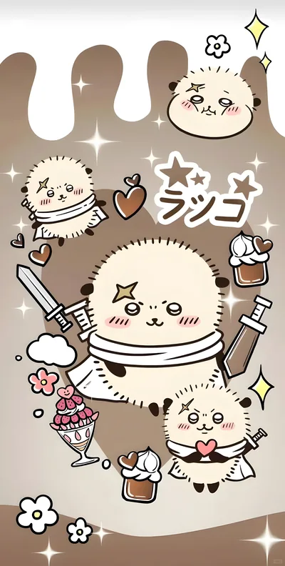 ちいかわの頼れるラッコ先生と剣や甘いチョコパフェを描いた可愛いスマホ高画質壁紙
