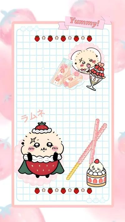 ちいかわの人気キャラクターラッコと苺スイーツのデザート風スマホ高画質壁紙