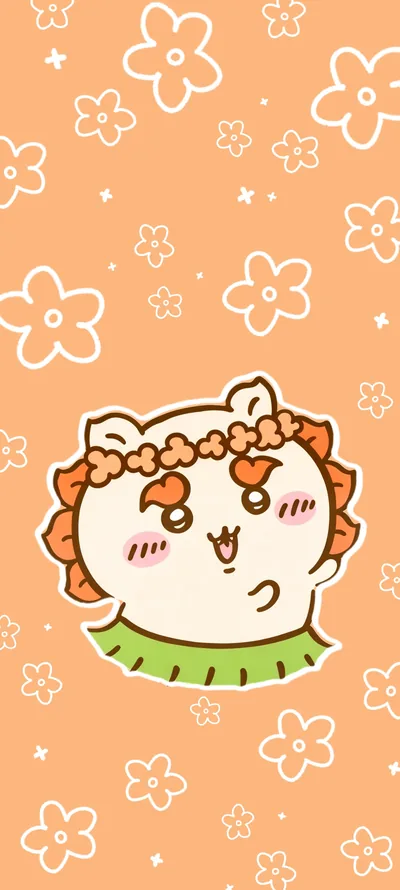 花冠をつけた可愛いシーサーとオレンジの花柄スマホ壁紙