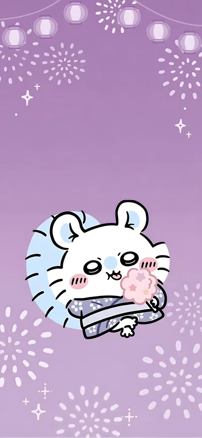 Cute Momonga in a festival yukata eating cotton candy for Phone Wallpaper