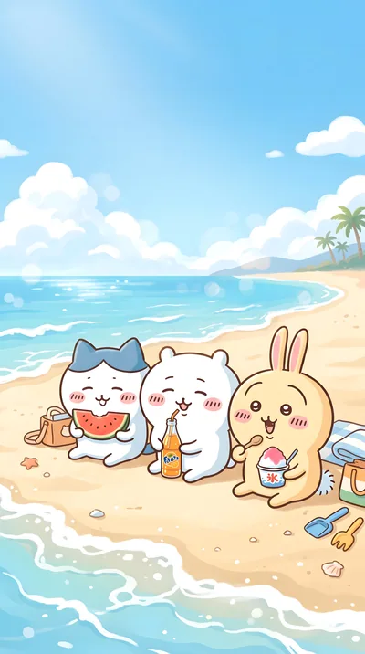 ちいかわ、ハチワレ、うさぎが夏の砂浜でスイカやかき氷を楽しむスマホ待ち受け