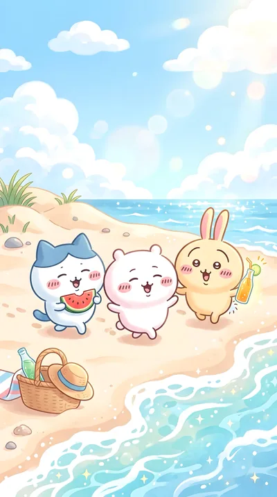 치이카와와 가르마 토끼의 시원한 해변 여름휴가 스마트폰 고화질 배경화면
