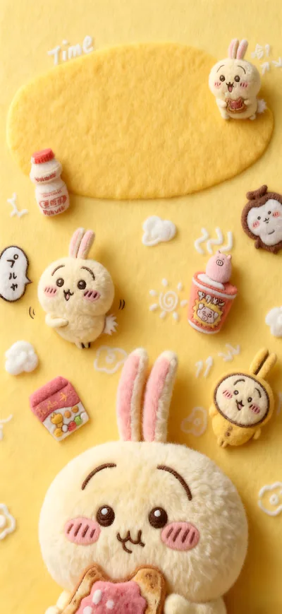 黄色いフェルトとトーストを食べる可愛いうさぎのぬいぐるみスマホ高画質壁紙