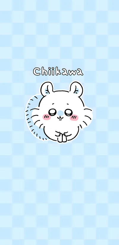 Cute fluffy Chiikawa on light blue checkered background for Phone Wallpaper